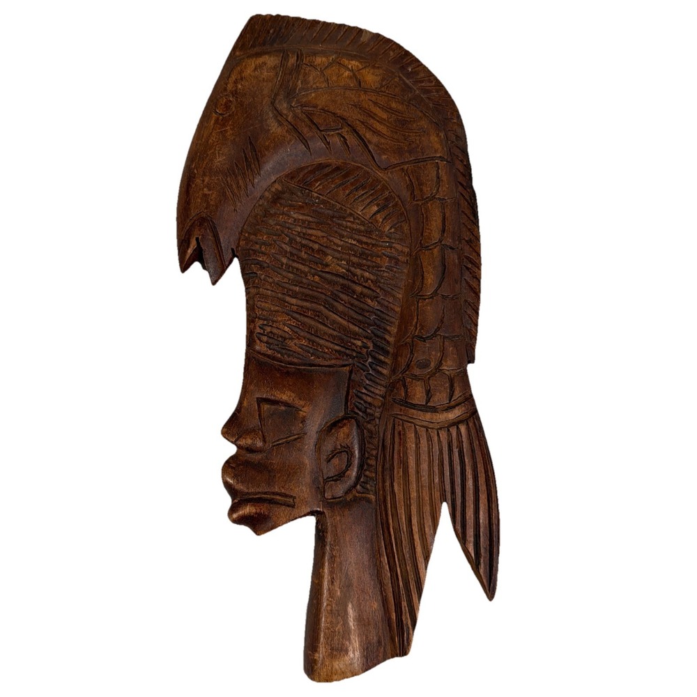 Vtg Tribesman wears a fish as a crown African Tribal Hand Carved Wooden Wall Art